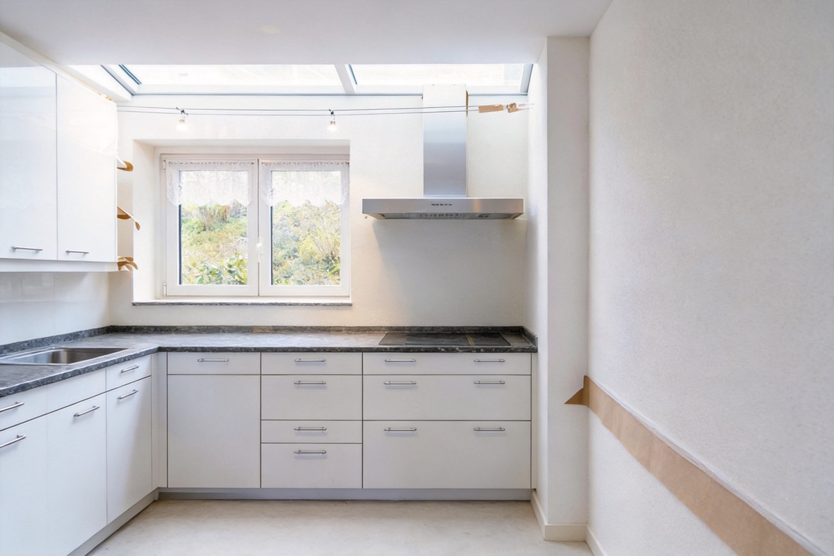 Finished bright kitchen with white cabinetry, stone counters and a new range hood