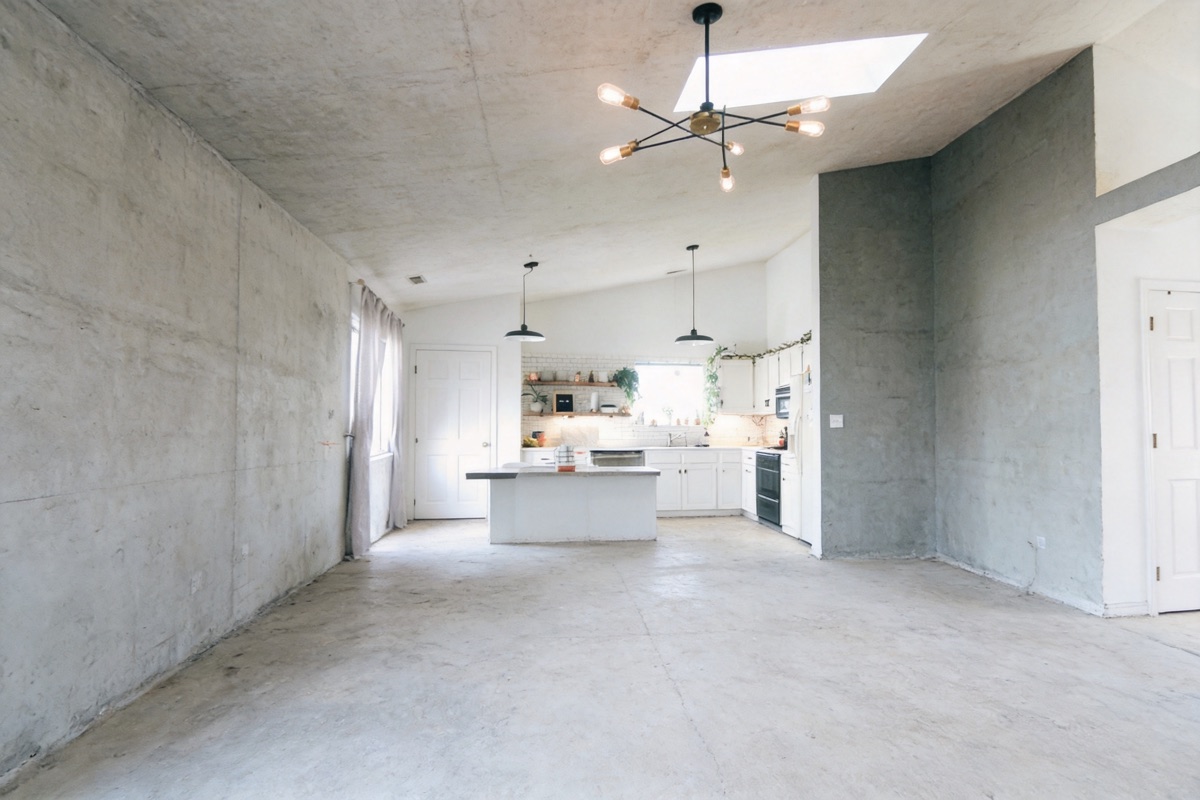 Open-plan living room as a bare concrete shell before finishing
